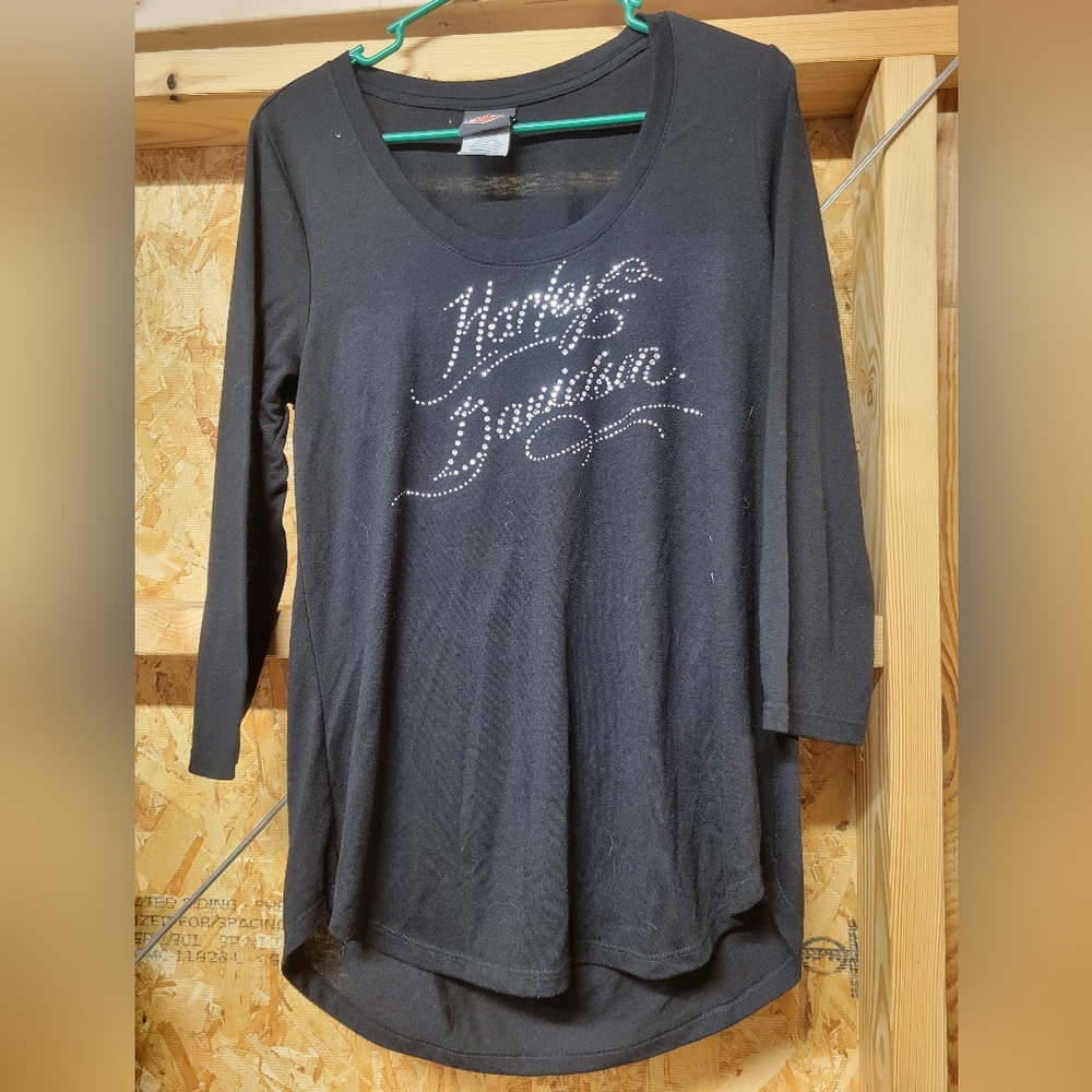 Harley Davidson Womans Rhinestone Long Sleeve Black Tshirt Rhinestone Size Large